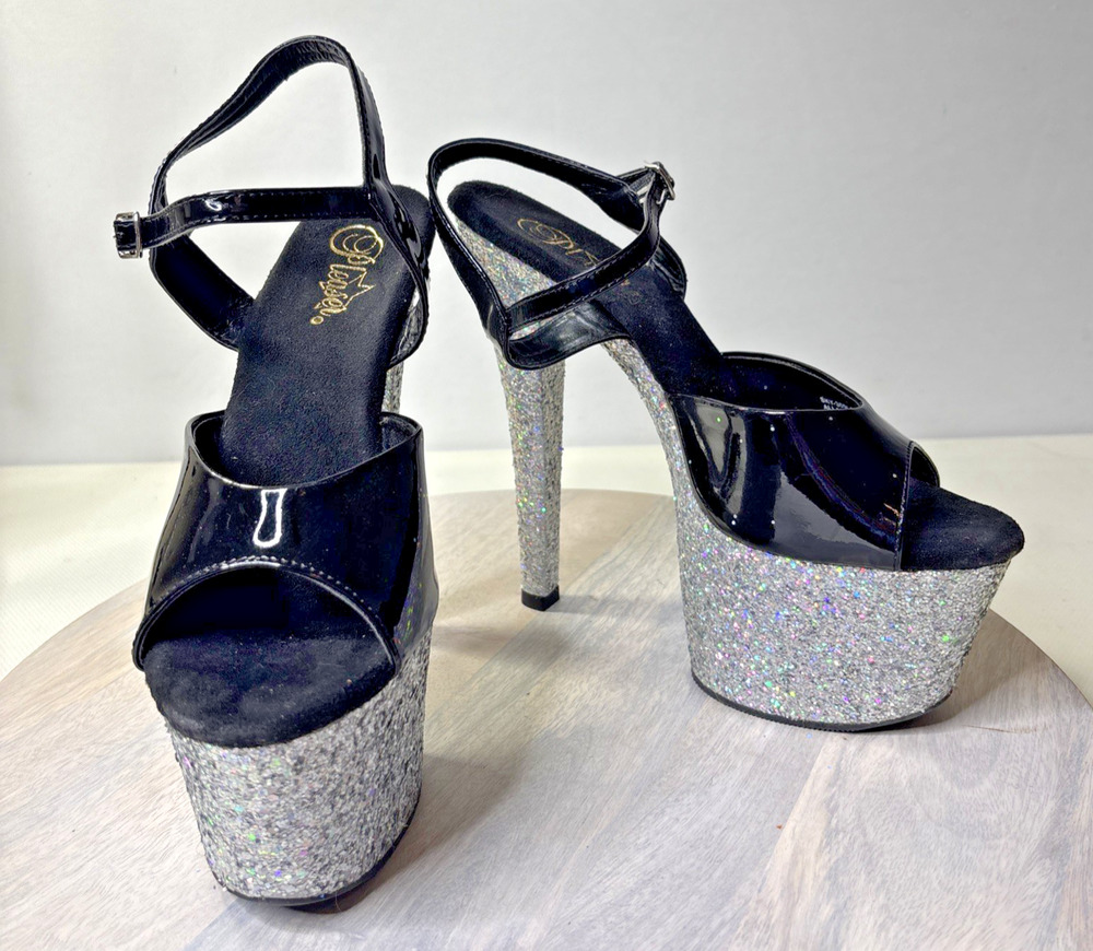 Pleaser Sky-309MG Black Patent Silver Glitter Platform Sandals Womens Size 8.5